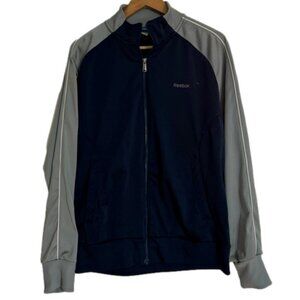 Reebok men medium zip up zippered blue gray warm up leisure jacket activewear